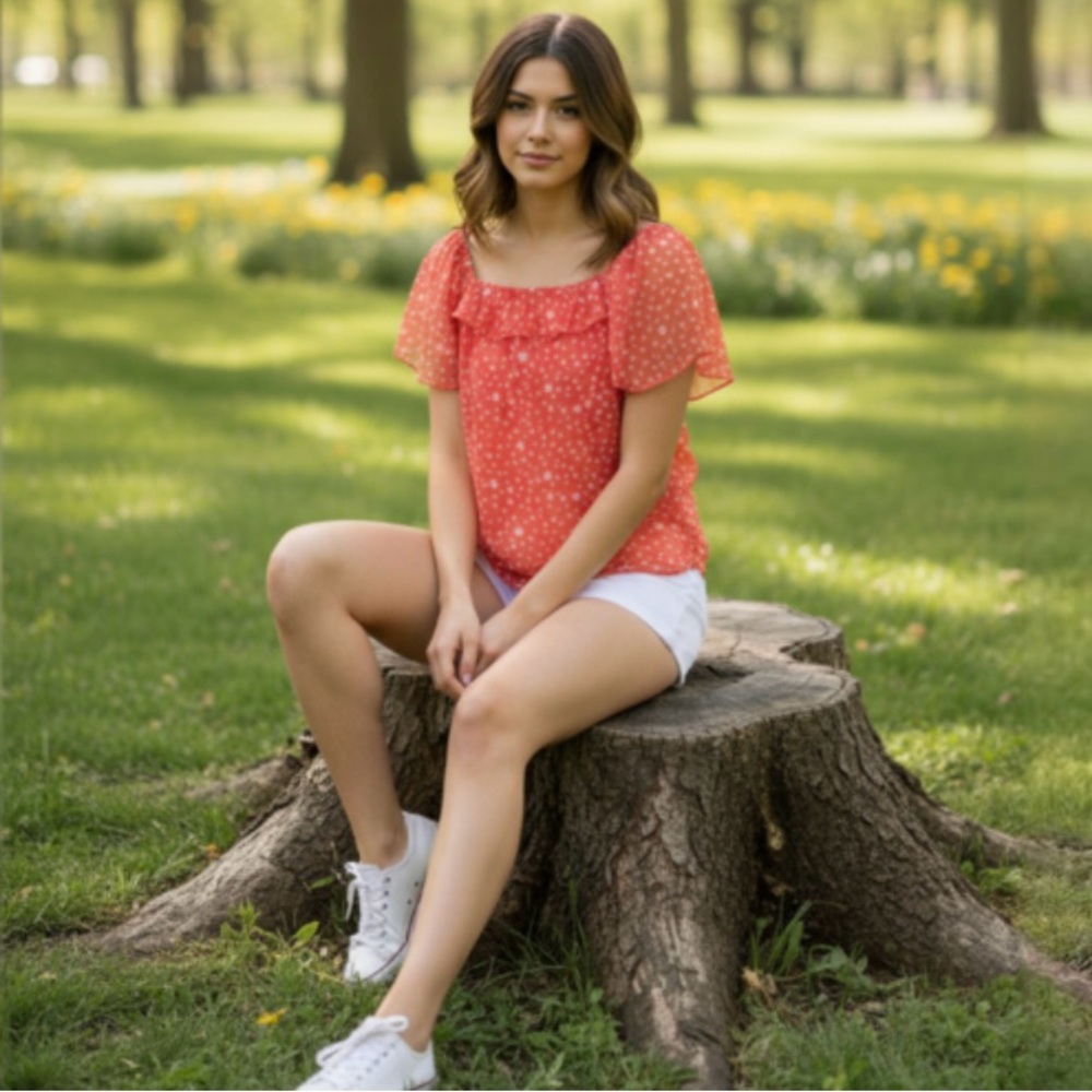 Andree by Unit Orange and White Short Sleeve Top Size Medium